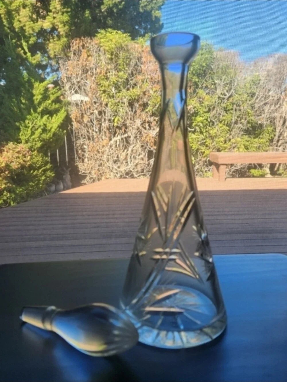 Vintage Cut Crystal Decanter | Tall Conical Body | Starburst Fan Cuts | Elongate